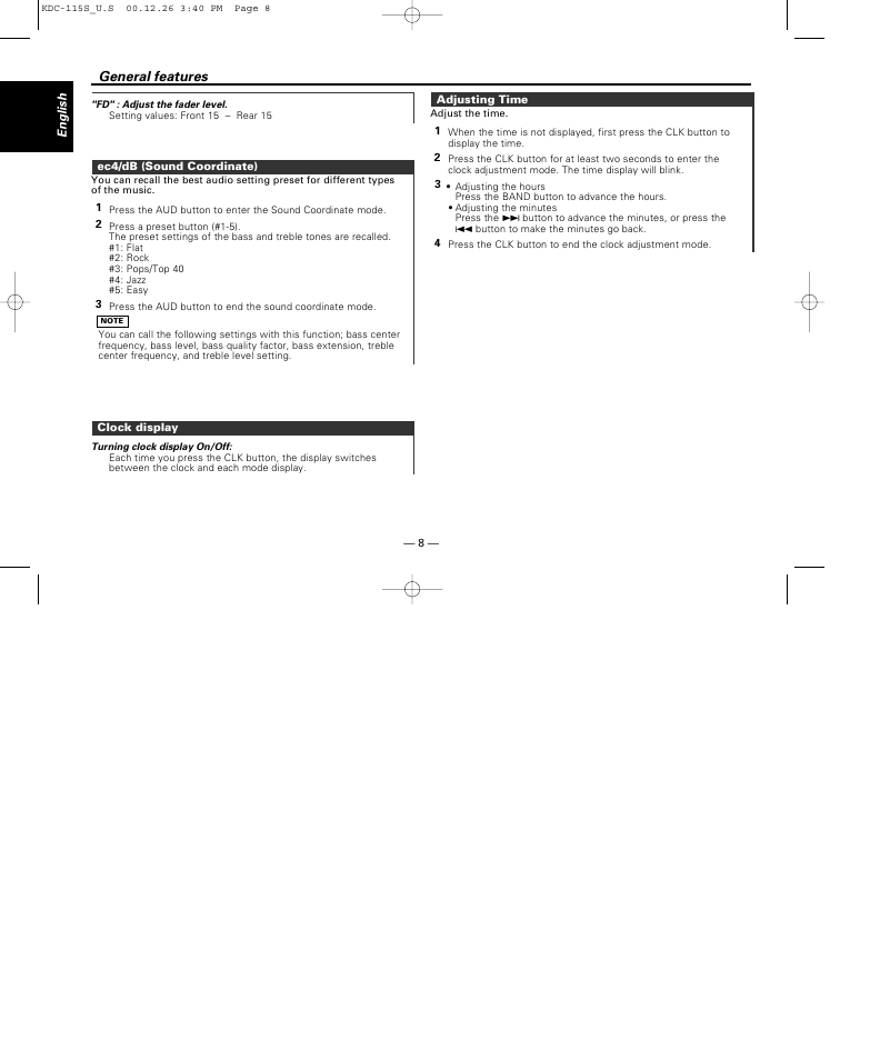 Ec4/db (sound coordinate), Clock display, Adjusting time | General features | Kenwood KDC-115S User Manual | Page 8 / 19