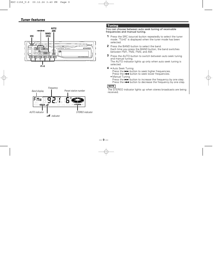 Tuner features, Tuning, 43 2 1 tuning | Kenwood KDC-115S User Manual | Page 9 / 19