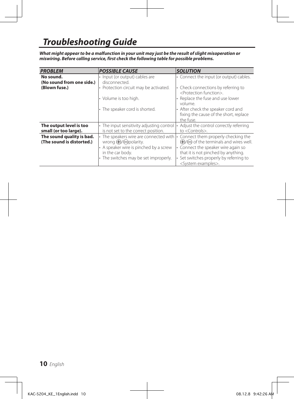 Troubleshooting guide | Kenwood KAC-5204 User Manual | Page 10 / 32