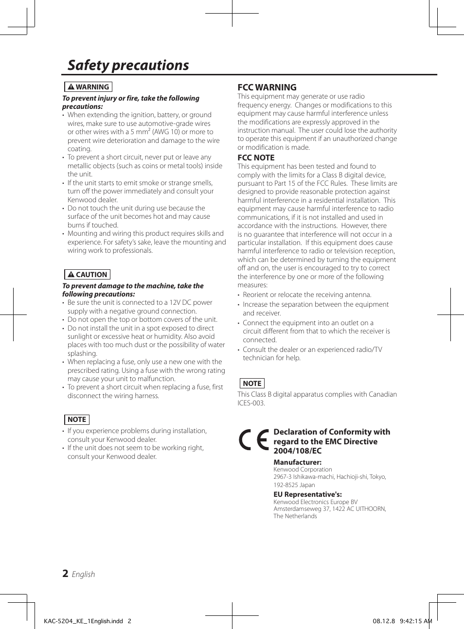 Safety precautions, Fcc warning | Kenwood KAC-5204 User Manual | Page 2 / 32