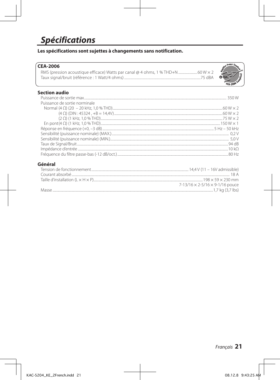 Spécifications | Kenwood KAC-5204 User Manual | Page 21 / 32