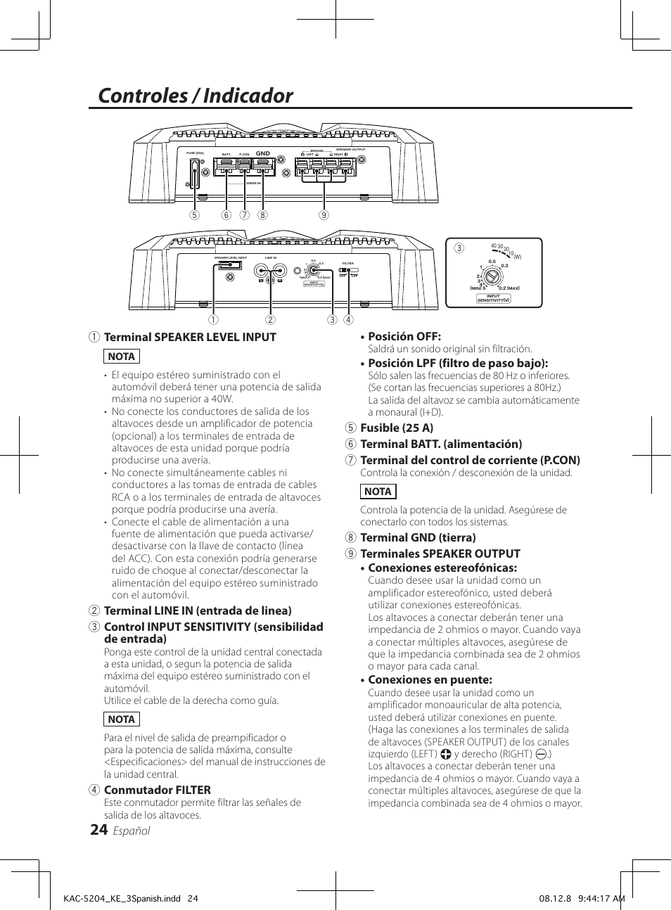 Controles / indicador, Español, 1terminal speaker level input | 4conmutador filter, Posición off, Posición lpf (filtro de paso bajo), Conexiones en puente | Kenwood KAC-5204 User Manual | Page 24 / 32