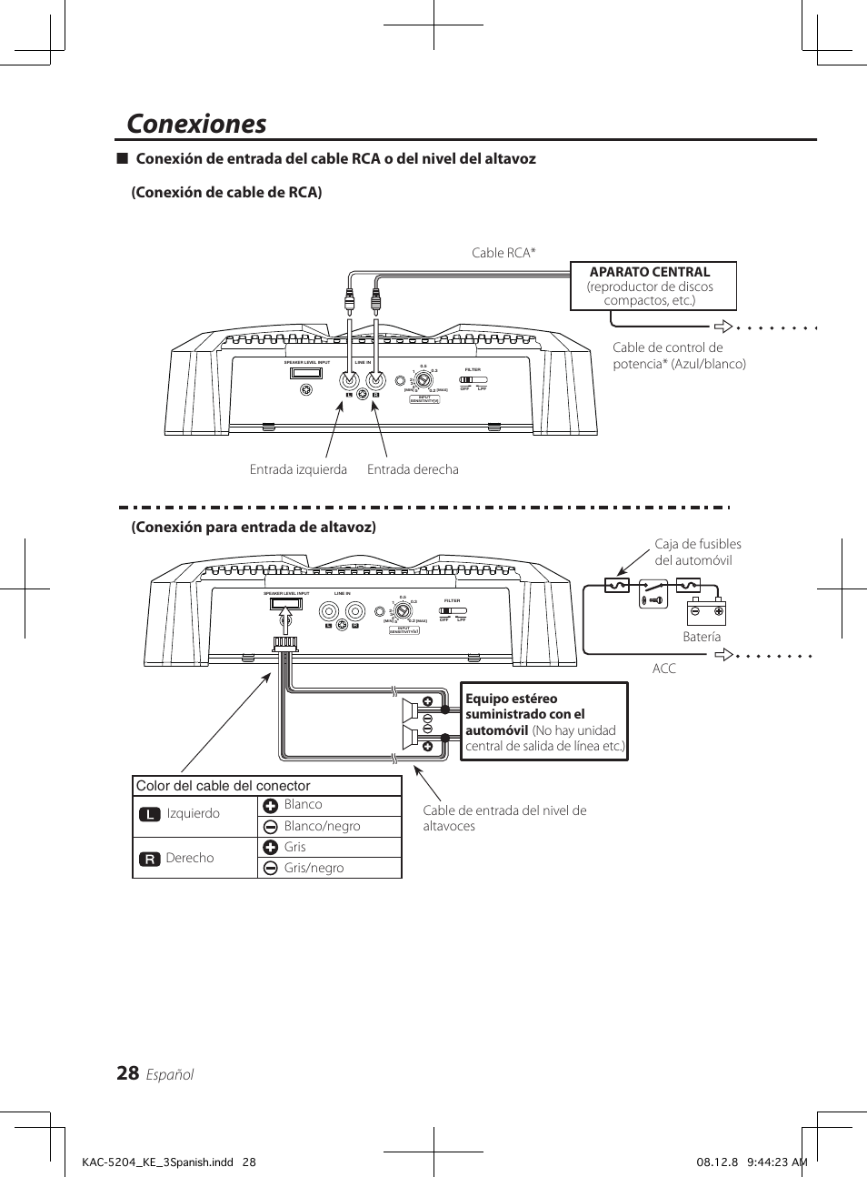 Conexiones, Español, Cable de control de potencia* (azul/blanco) | Cable de entrada del nivel de altavoces | Kenwood KAC-5204 User Manual | Page 28 / 32