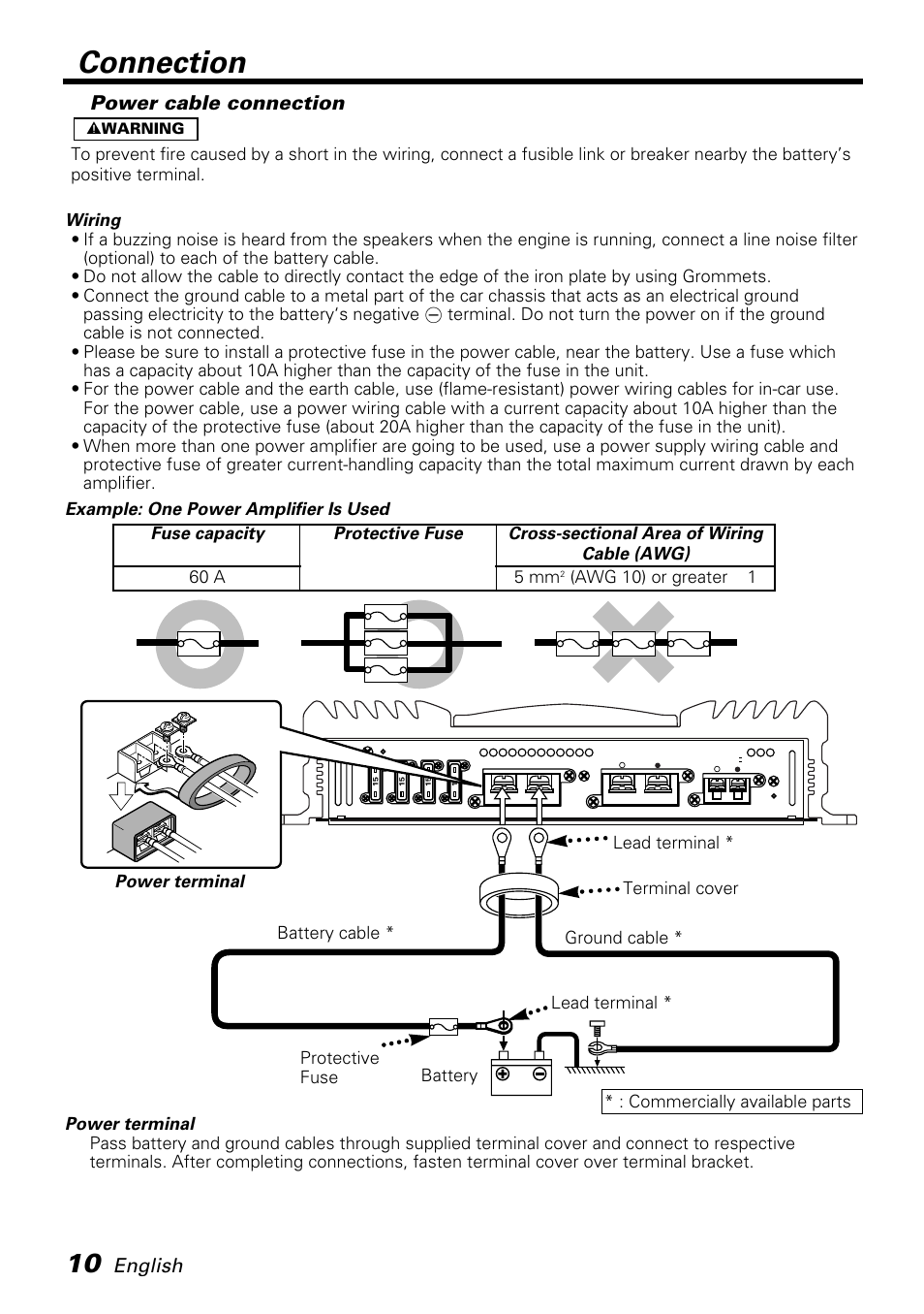 Power cable connection, Connection, English | Kenwood KAC-PS401M User Manual | Page 10 / 13