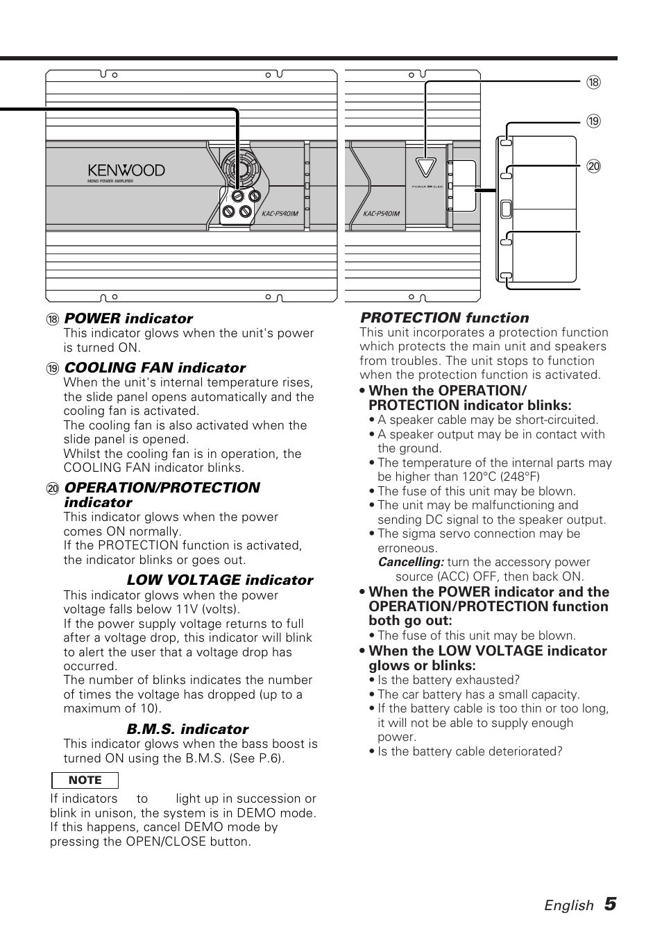 Power indicator, Cooling fan indicator, Operation/protection indicator | 1 low voltage indicator, 2 b.m.s. indicator, Protection function, When the operation/ protection indicator blinks, When the low voltage indicator glows or blinks, English, The fuse of this unit may be blown | Kenwood KAC-PS401M User Manual | Page 5 / 13