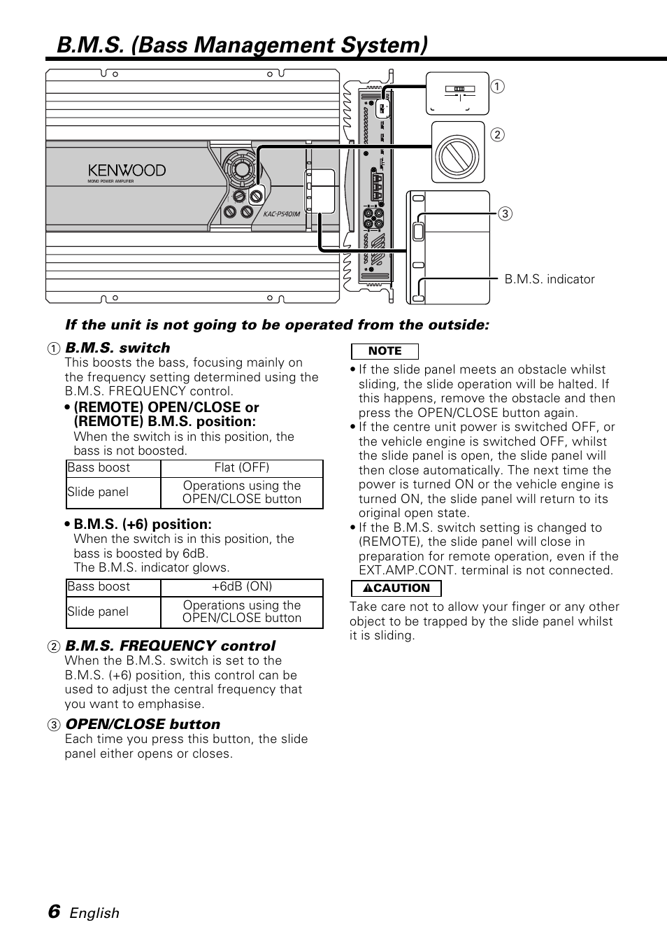 B.m.s. (bass management system), English, Remote) open/close or (remote) b.m.s. position | B.m.s. (+6) position, 2b.m.s. frequency control, 3open/close button | Kenwood KAC-PS401M User Manual | Page 6 / 13