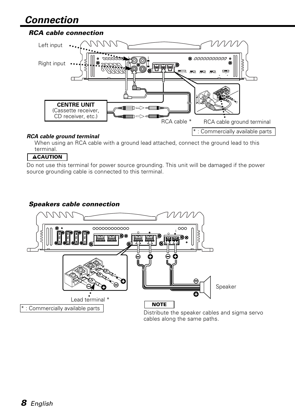 Connection, Rca cable connection, Speakers cable connection | English, Left input, Rca cable ground terminal right input, 2 caution | Kenwood KAC-PS401M User Manual | Page 8 / 13