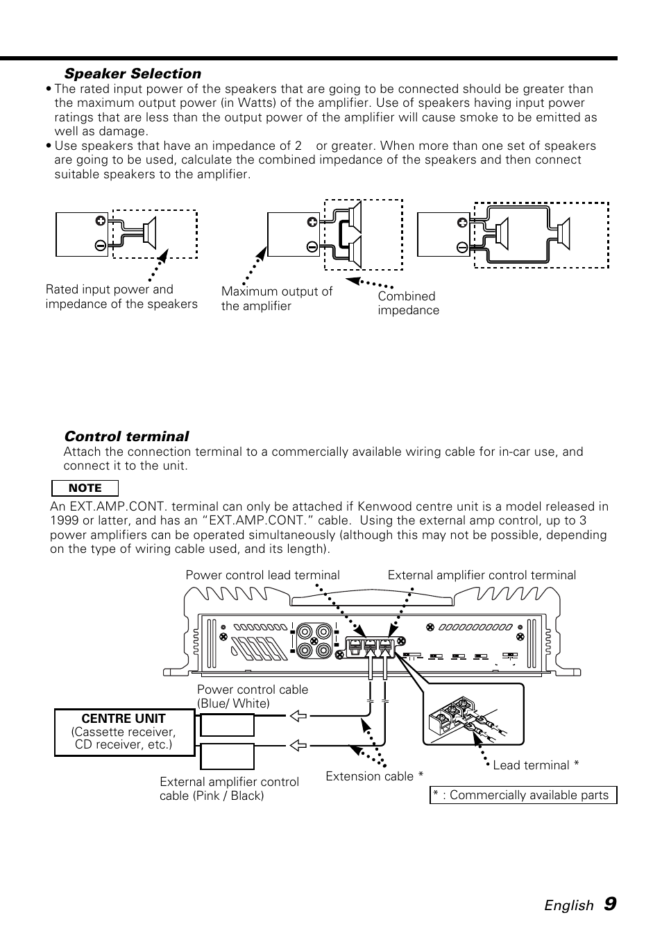 Speaker selection, Control terminal, English | Kenwood KAC-PS401M User Manual | Page 9 / 13