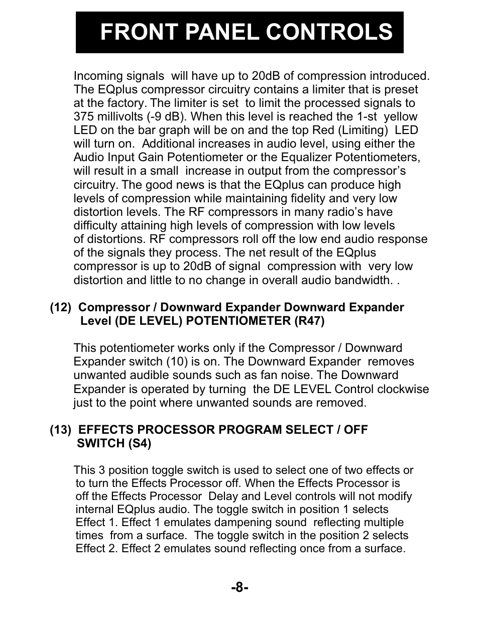 Front panel controls | Kenwood AUDIO PROCESSOR User Manual | Page 8 / 21