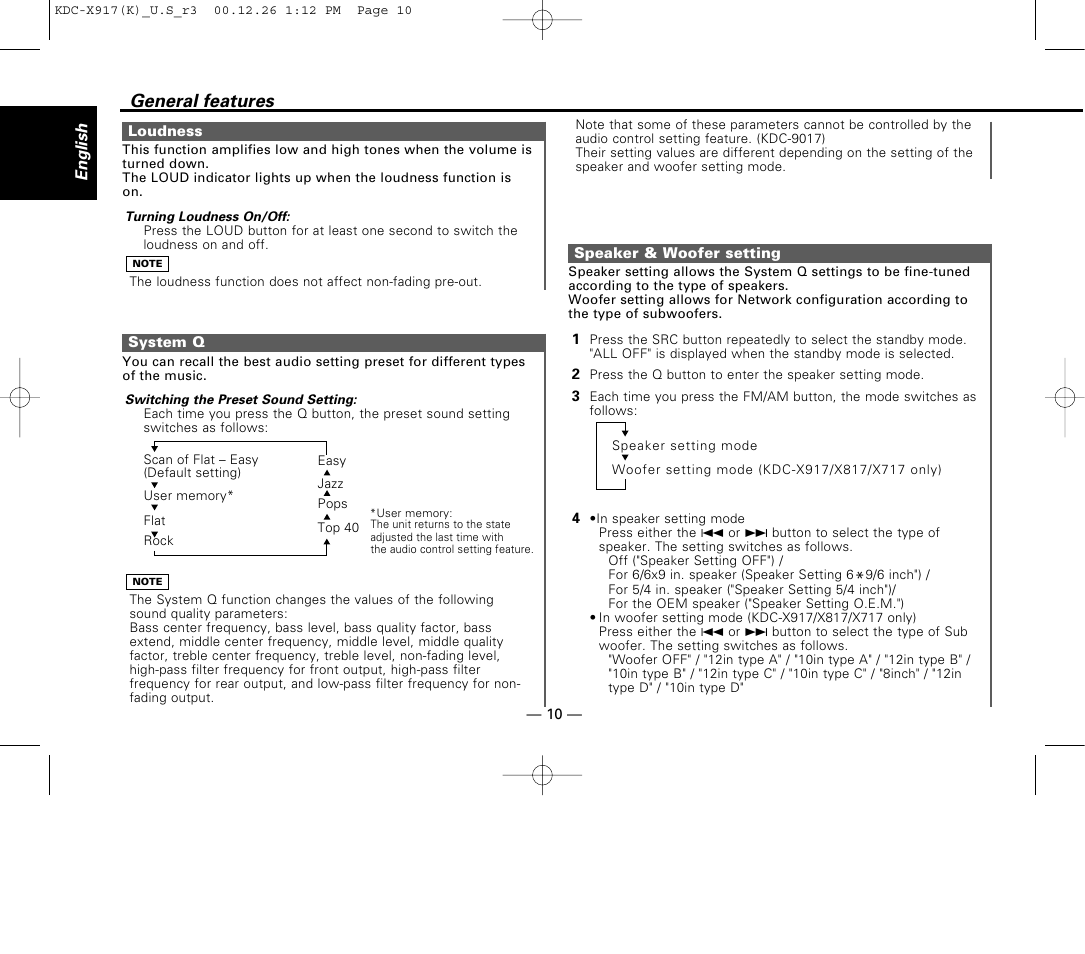 Loudness, System q, Speaker & woofer setting | General features | Kenwood KDC-9017 User Manual | Page 10 / 52