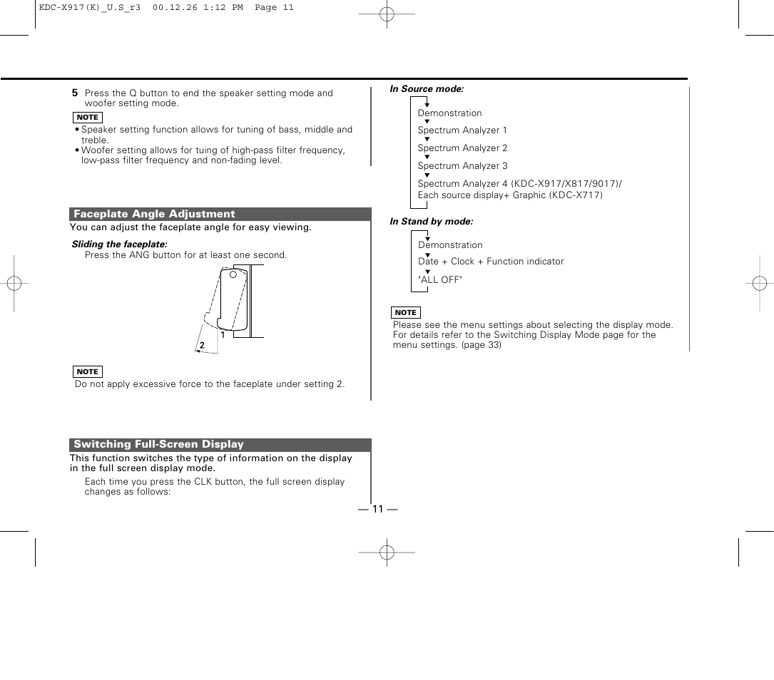 Faceplate angle adjustment, Switching full-screen display | Kenwood KDC-9017 User Manual | Page 11 / 52