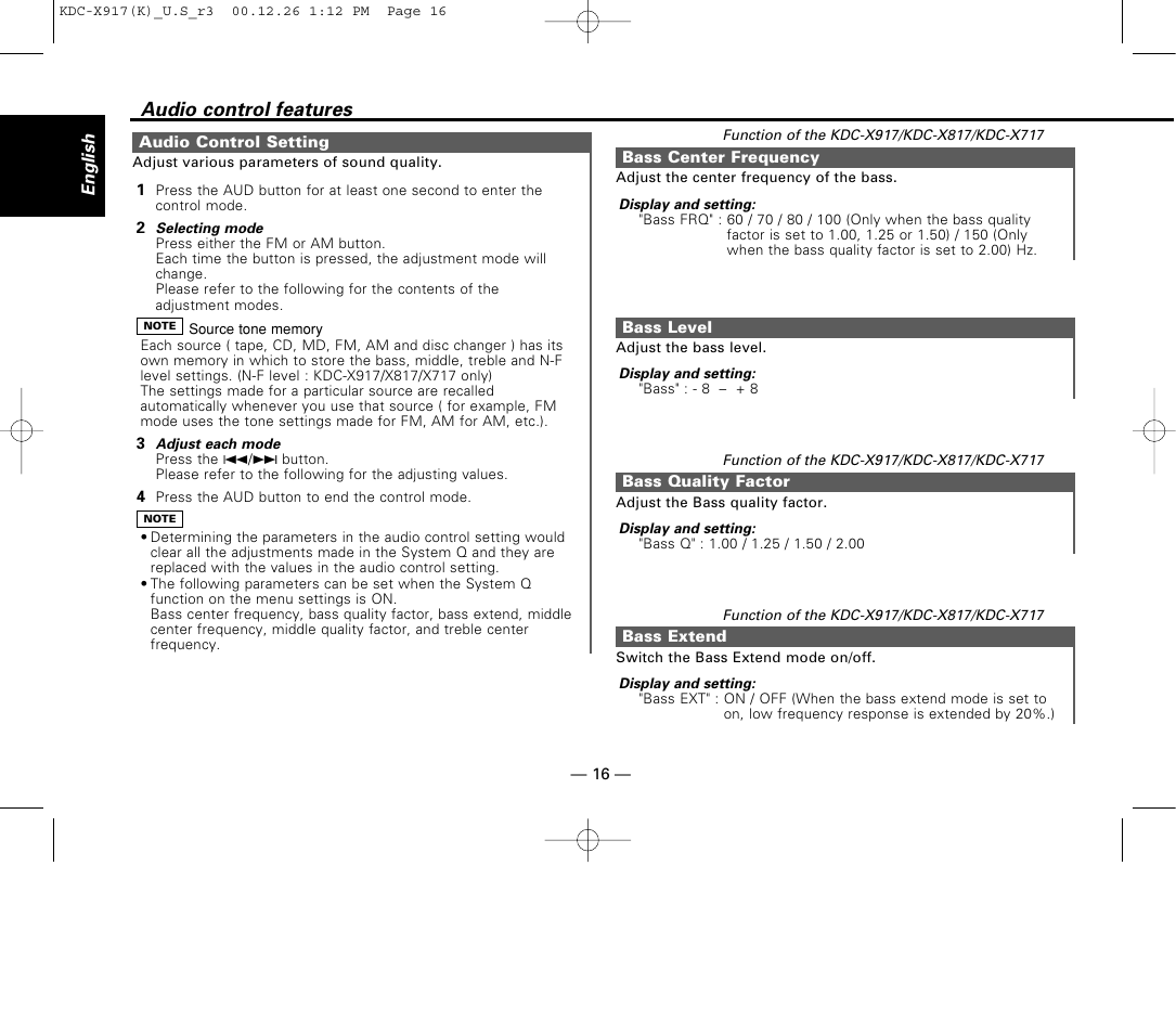 Audio control setting, Bass center frequency, Bass level | Bass quality factor, Bass extend, Audio control features | Kenwood KDC-9017 User Manual | Page 16 / 52