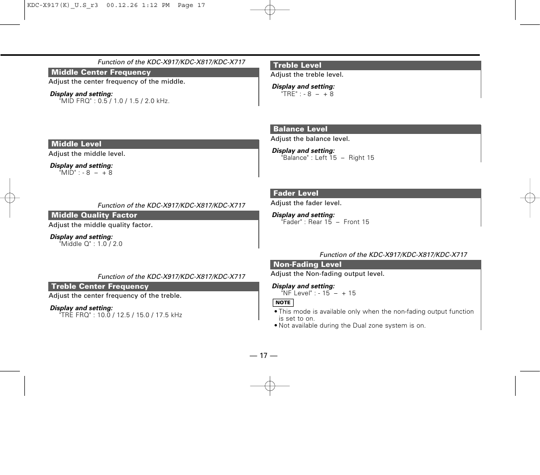 Middle center frequency, Middle level, Middle quality factor | Treble center frequency, Treble level, Balance level, Fader level, Non-fading level | Kenwood KDC-9017 User Manual | Page 17 / 52