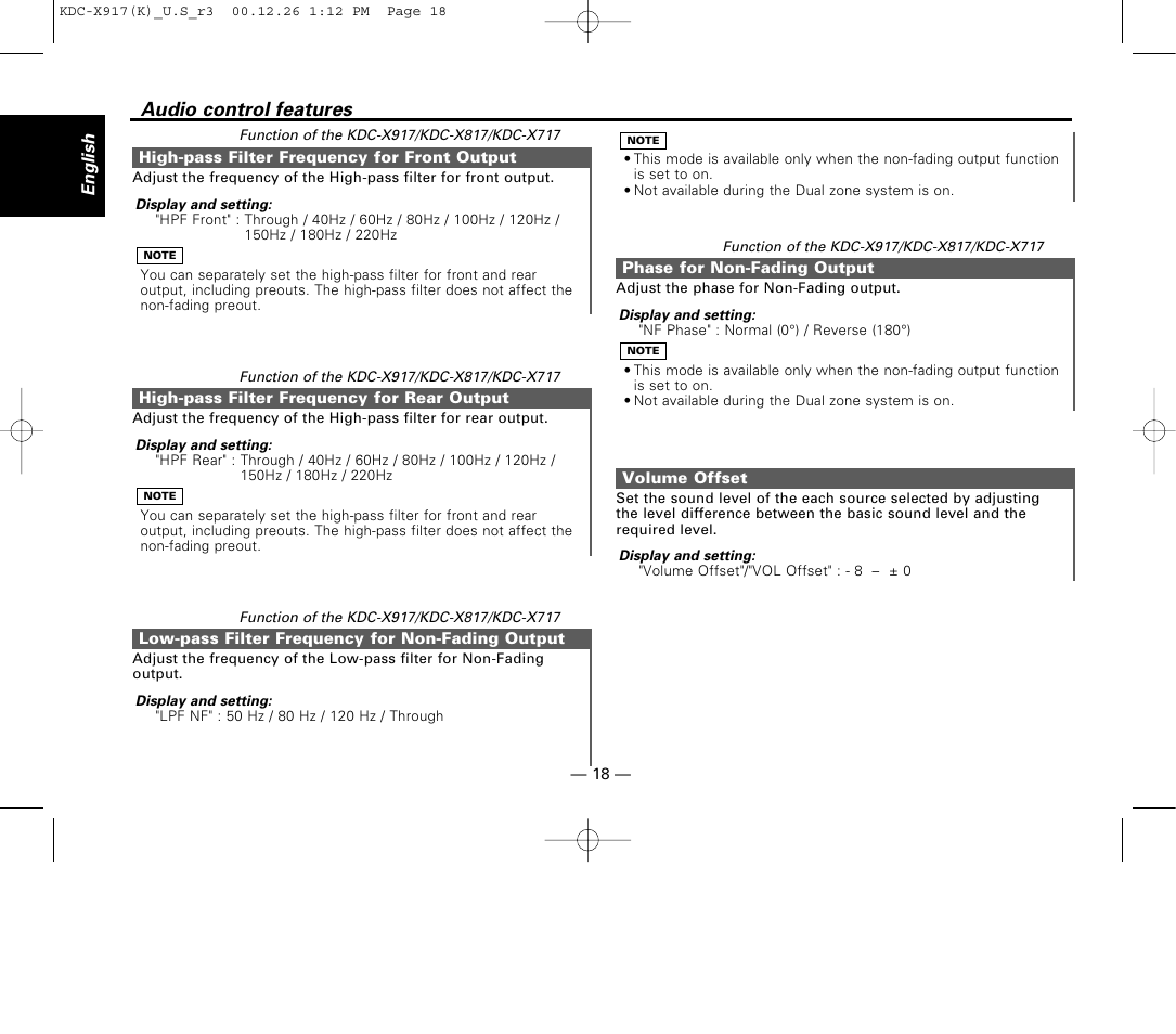 High-pass filter frequency for front output, High-pass filter frequency for rear output, Low-pass filter frequency for non-fading output | Phase for non-fading output, Volume offset, Audio control features | Kenwood KDC-9017 User Manual | Page 18 / 52