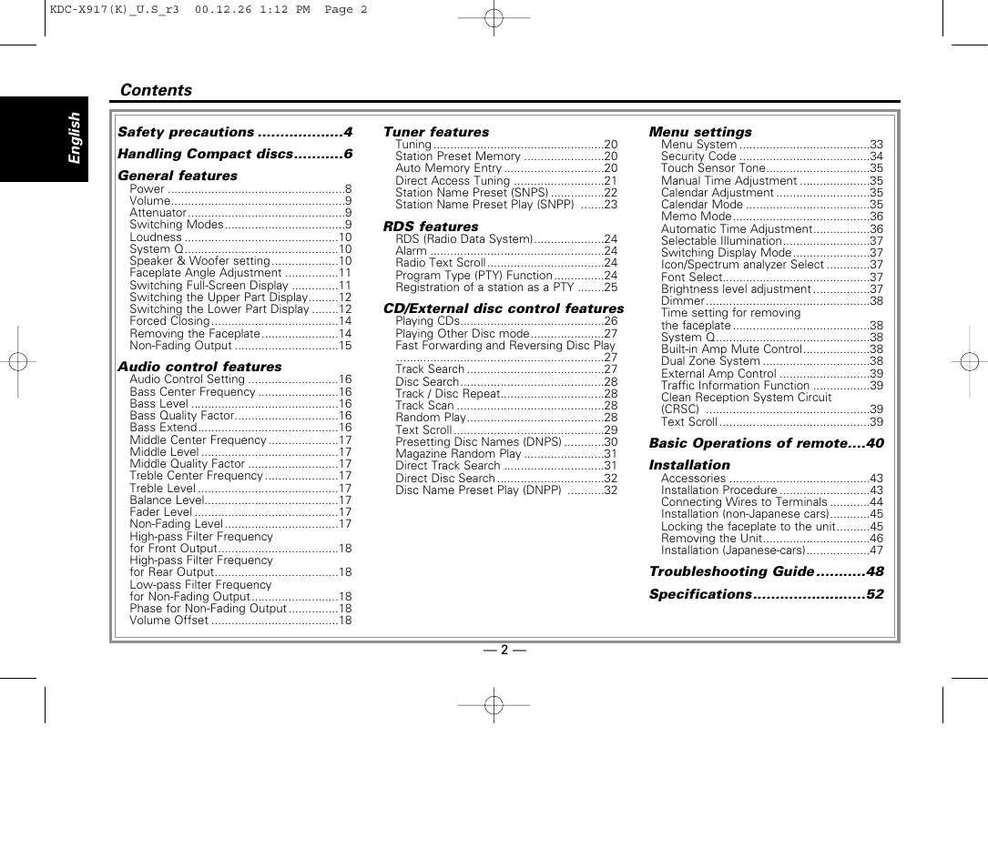 Kenwood KDC-9017 User Manual | Page 2 / 52