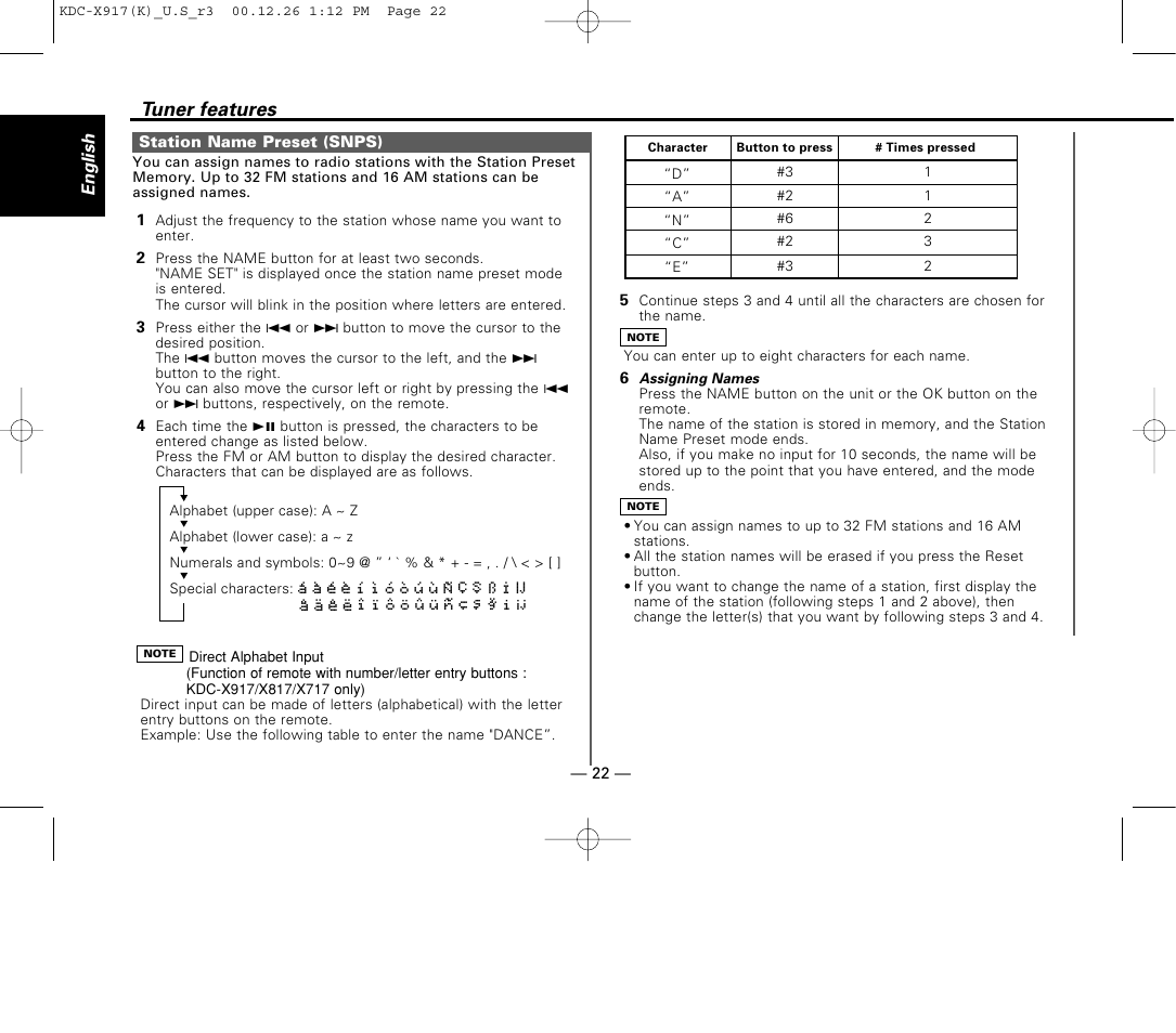 Station name preset (snps), Tuner features | Kenwood KDC-9017 User Manual | Page 22 / 52