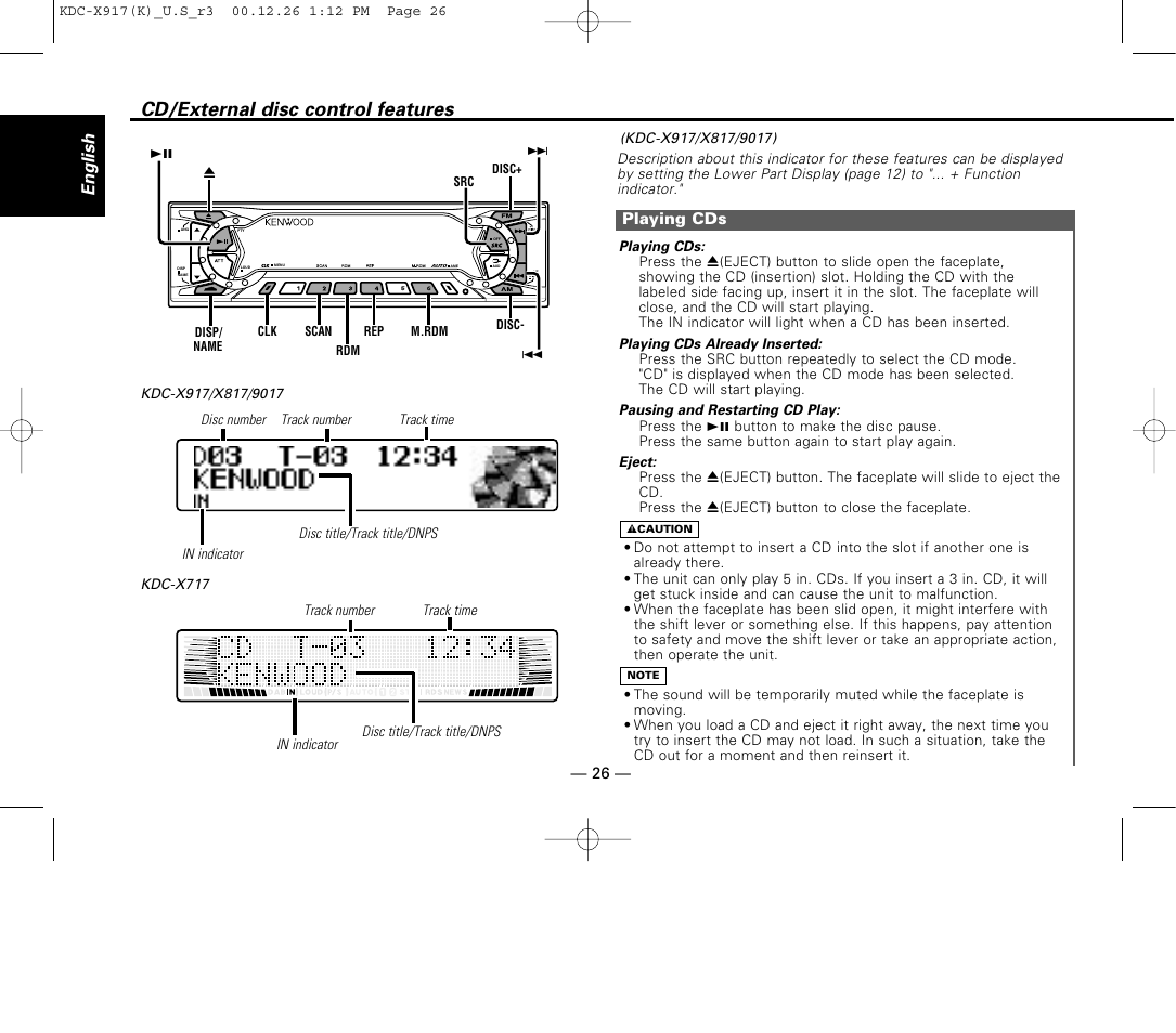 Cd/external disc control features, Playing cds, English | Kenwood KDC-9017 User Manual | Page 26 / 52