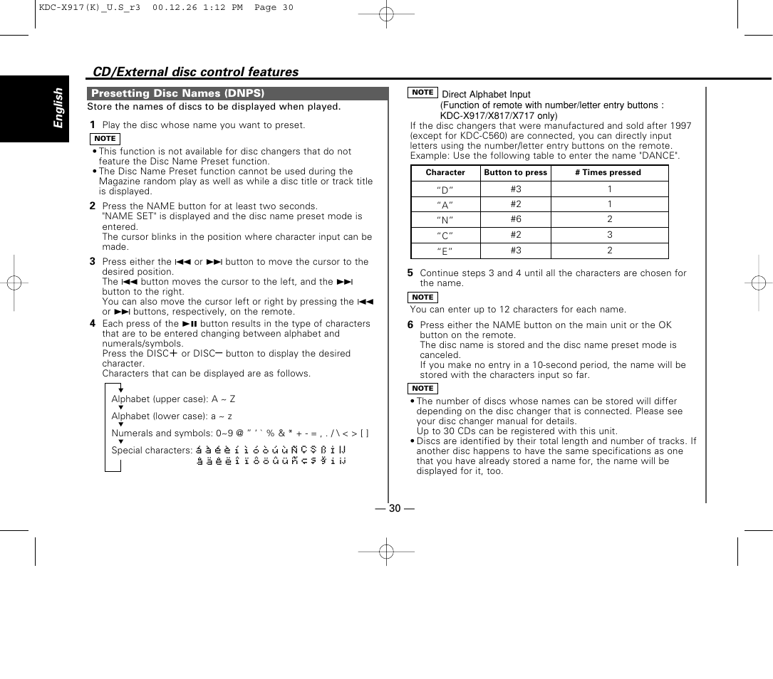 Presetting disc names (dnps), Cd/external disc control features | Kenwood KDC-9017 User Manual | Page 30 / 52