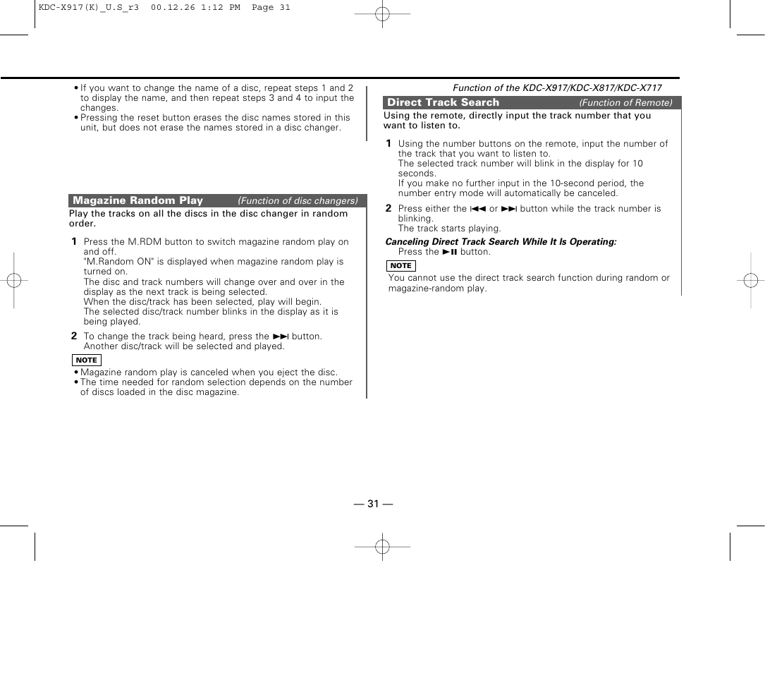 Magazine random play, Direct track search | Kenwood KDC-9017 User Manual | Page 31 / 52