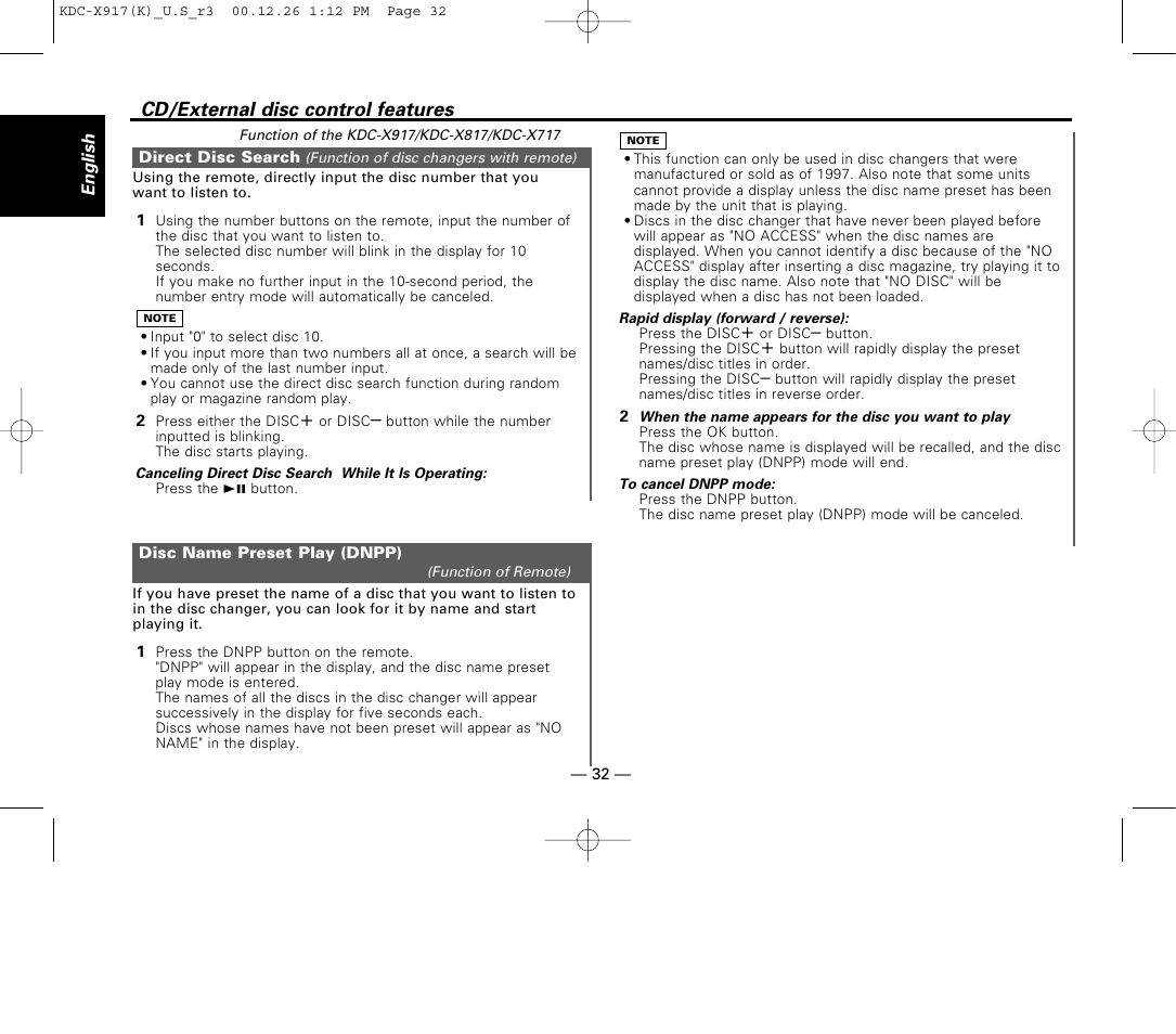 Direct disc search, Disc name preset play (dnpp), Cd/external disc control features | Kenwood KDC-9017 User Manual | Page 32 / 52