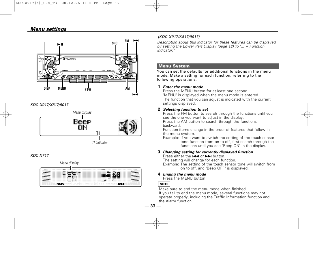 Menu settings, Menu system, 43 2 1 menu system | Kenwood KDC-9017 User Manual | Page 33 / 52