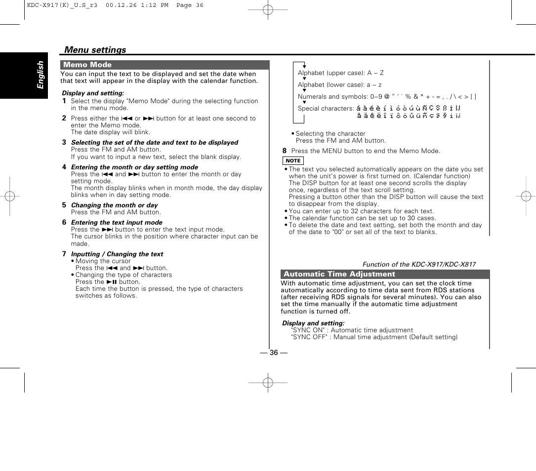 Memo mode, Automatic time adjustment, Menu settings | Kenwood KDC-9017 User Manual | Page 36 / 52