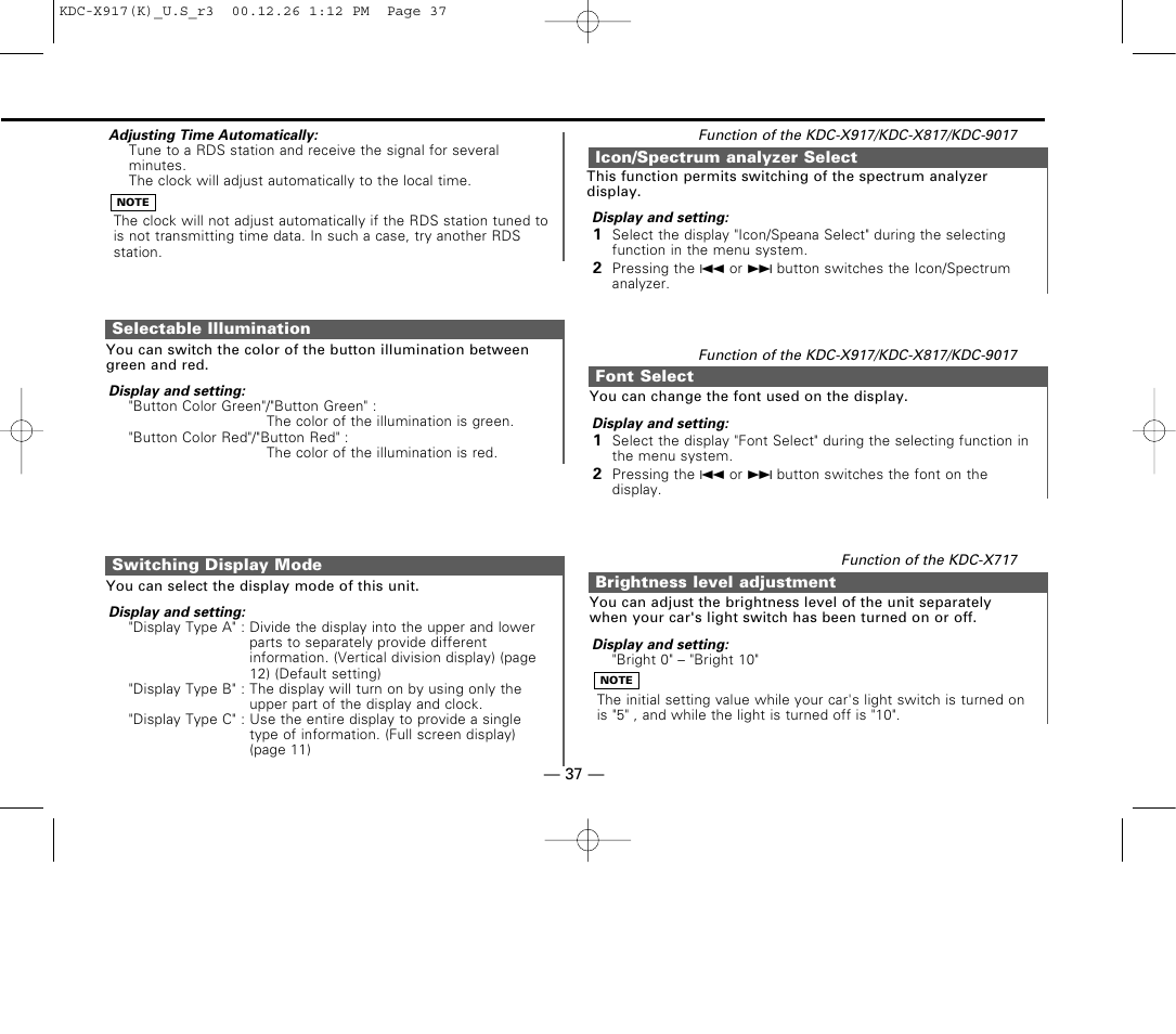 Selectable illumination, Switching display mode, Icon/spectrum analyzer select | Font select, Brightness level adjustment | Kenwood KDC-9017 User Manual | Page 37 / 52