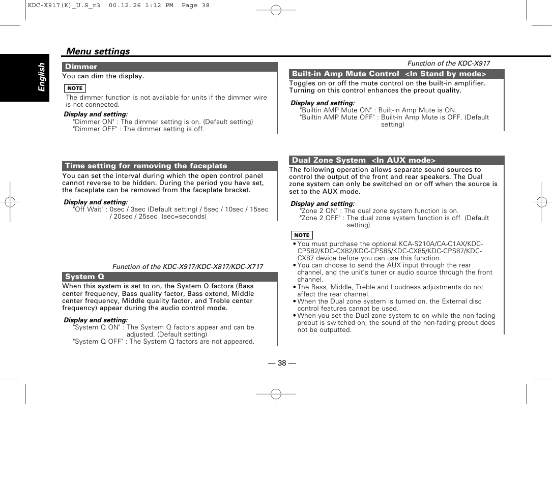 Dimmer, Time setting for removing the faceplate, System q | Built-in amp mute control, Dual zone system, Menu settings | Kenwood KDC-9017 User Manual | Page 38 / 52