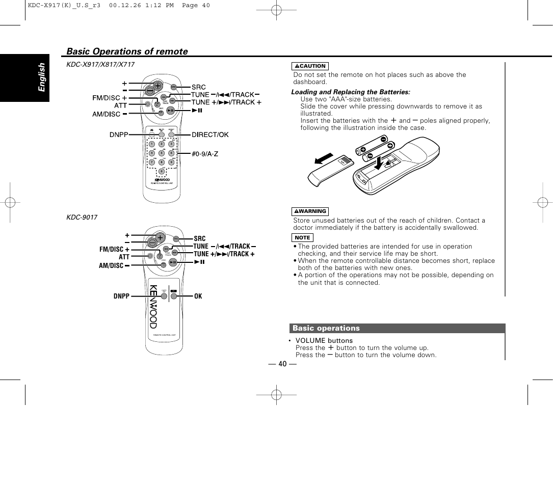 Basic operations of remote, Basic operations, English | Volume buttons press the, Button to turn the volume up. press the, Button to turn the volume down, Fm/disc, Att am/disc, 38 tune, Track | Kenwood KDC-9017 User Manual | Page 40 / 52