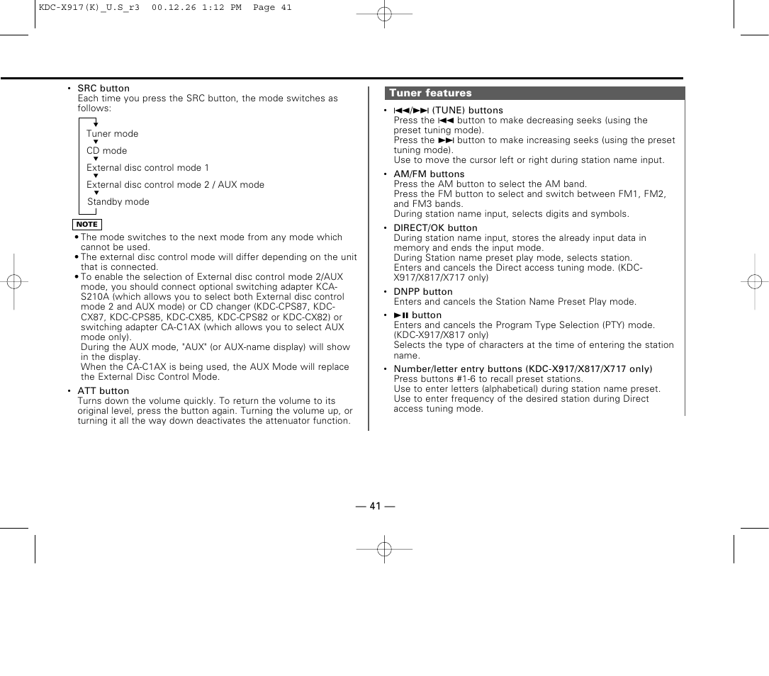 Tuner features | Kenwood KDC-9017 User Manual | Page 41 / 52