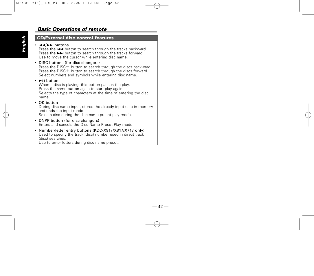 Cd/external disc control features, Basic operations of remote | Kenwood KDC-9017 User Manual | Page 42 / 52