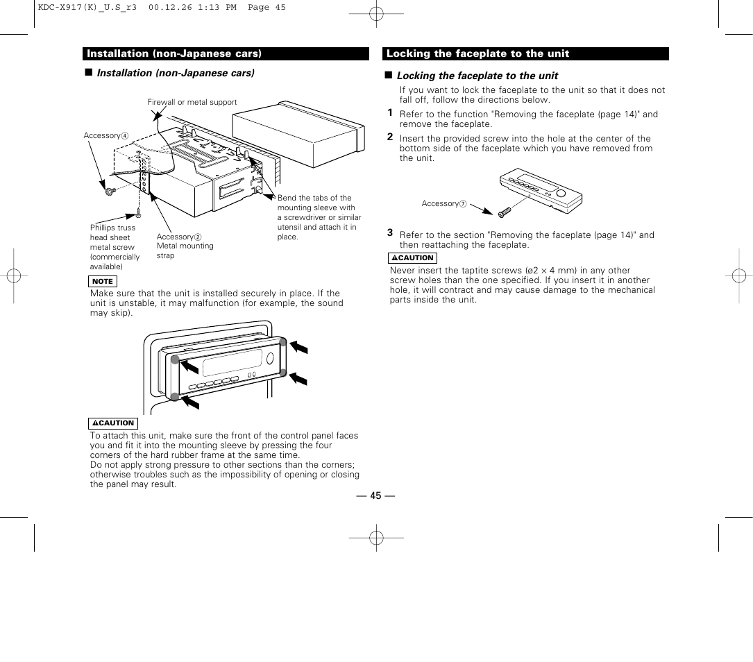 Installation (non-japanese cars), Locking the faceplate to the unit | Kenwood KDC-9017 User Manual | Page 45 / 52