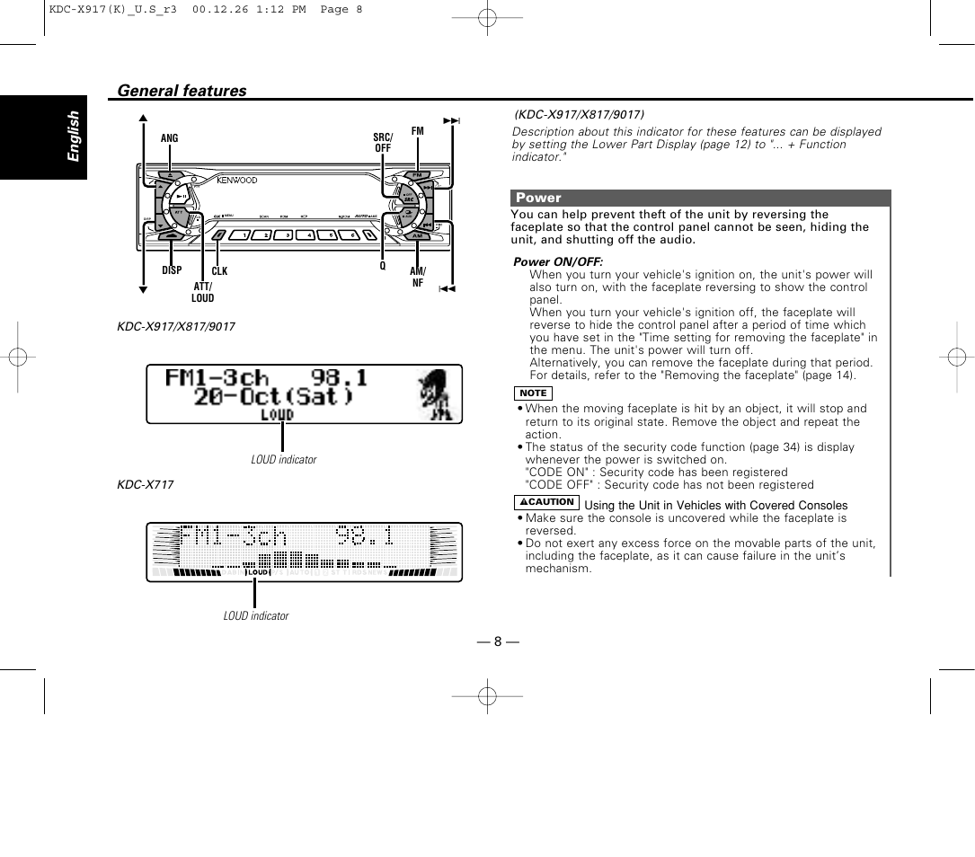 General features, Power, English | Kenwood KDC-9017 User Manual | Page 8 / 52