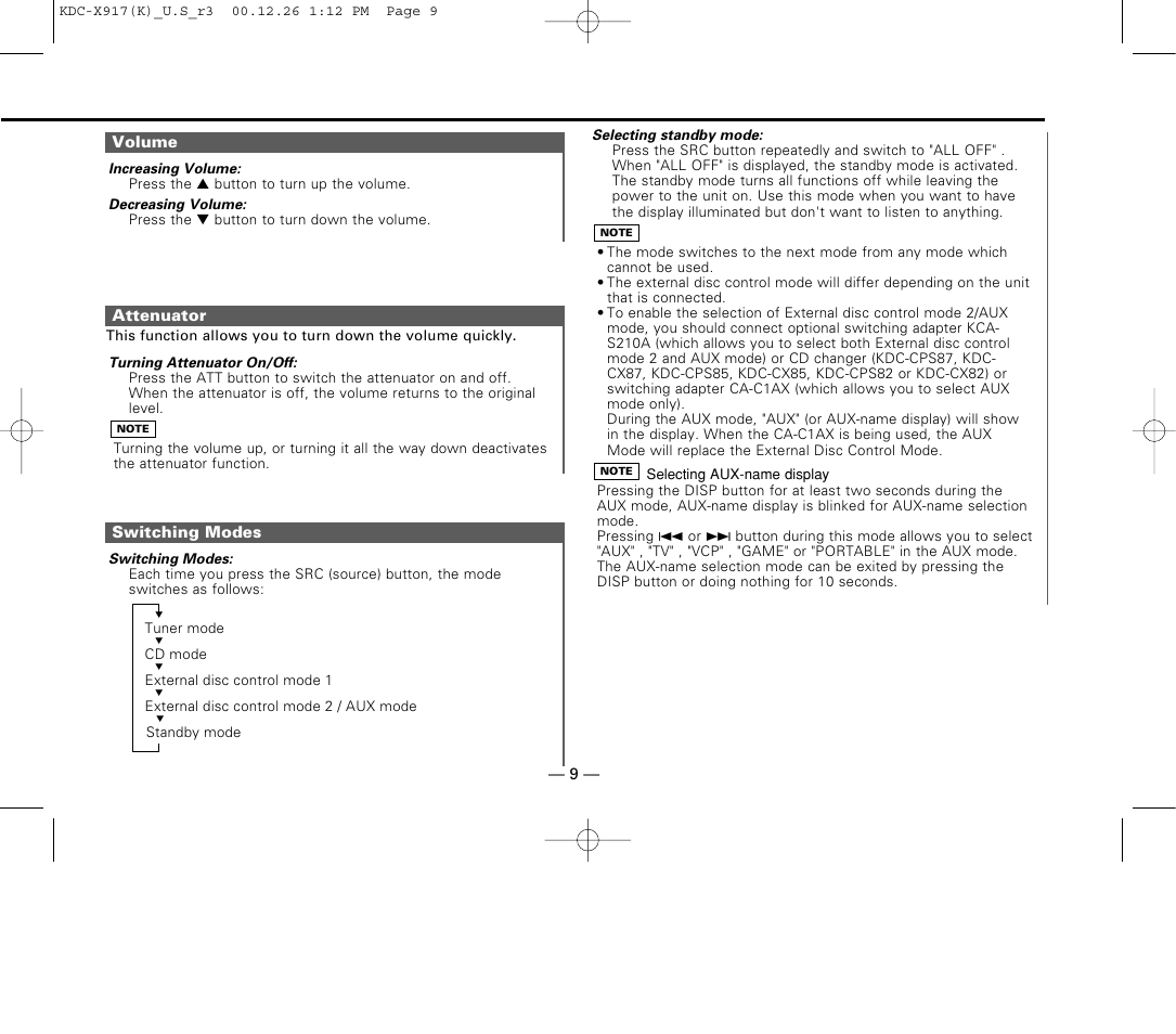 Volume, Attenuator, Switching modes | Kenwood KDC-9017 User Manual | Page 9 / 52