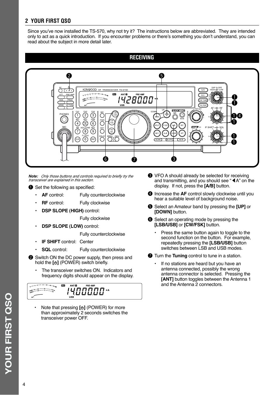 Your first qso, Receiving 2 your first qso | Kenwood TS-570S TS-570D User Manual | Page 10 / 89