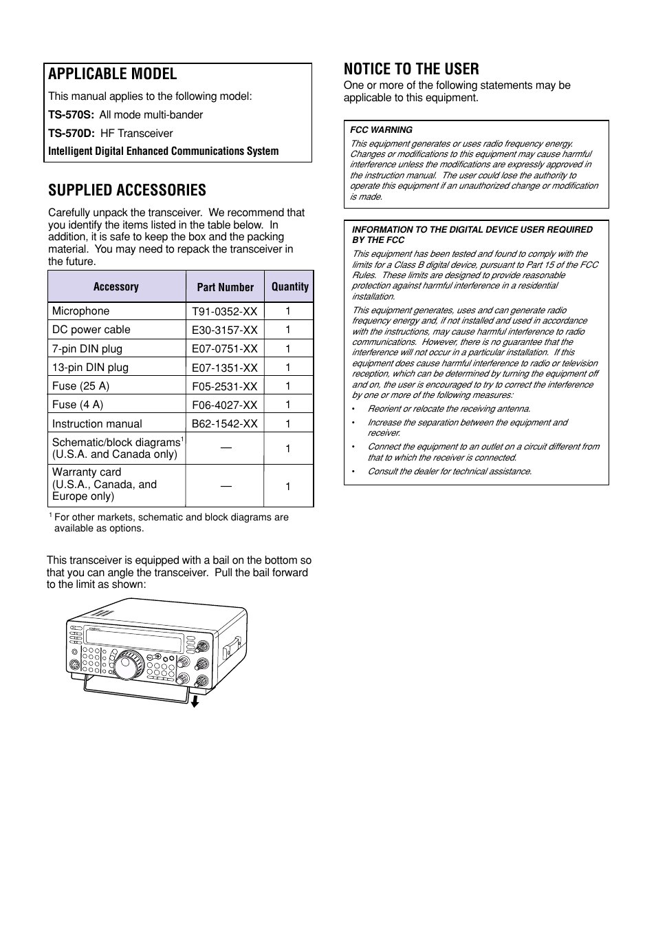 Applicable model, Supplied accessories, Notice to the user | Kenwood TS-570S TS-570D User Manual | Page 2 / 89
