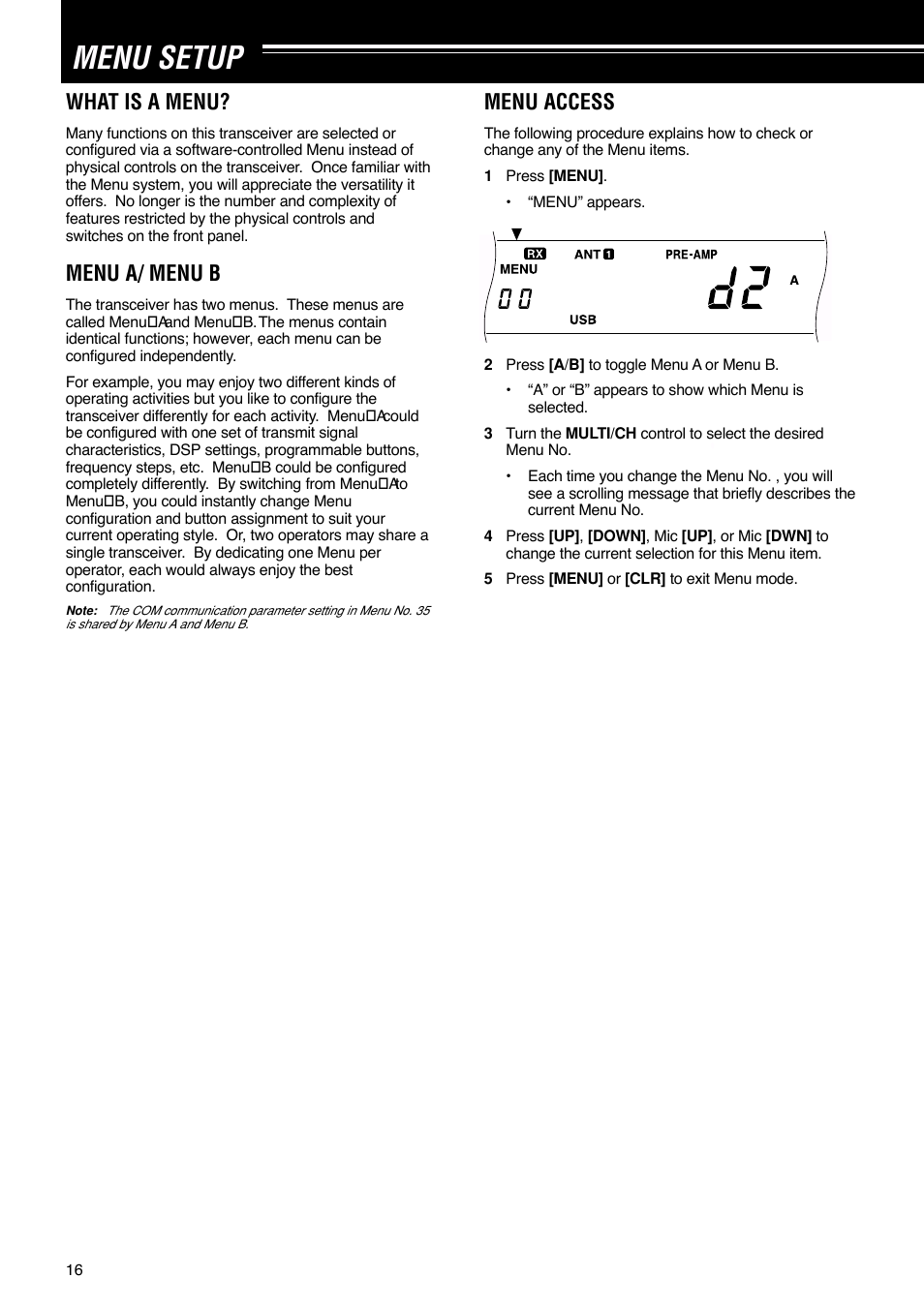 Menu setup, What is a menu, Menu a/ menu b | Menu access | Kenwood TS-570S TS-570D User Manual | Page 22 / 89