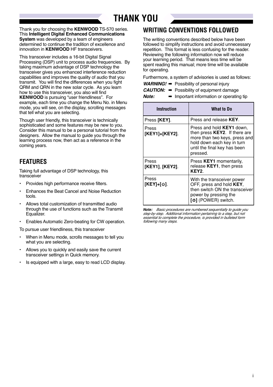 Features, Writing conventions followed | Kenwood TS-570S TS-570D User Manual | Page 3 / 89
