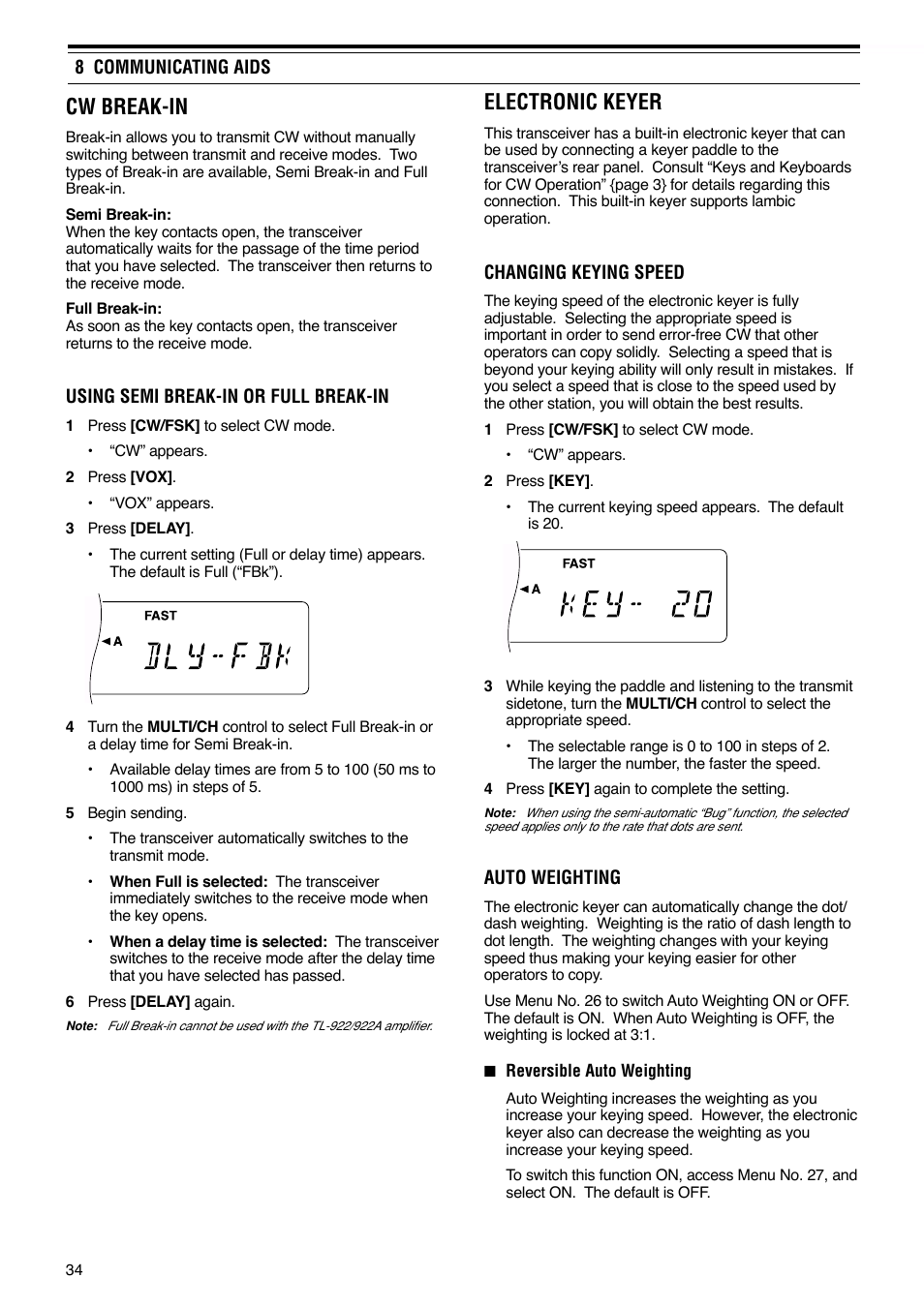 Cw break-in, Electronic keyer | Kenwood TS-570S TS-570D User Manual | Page 40 / 89