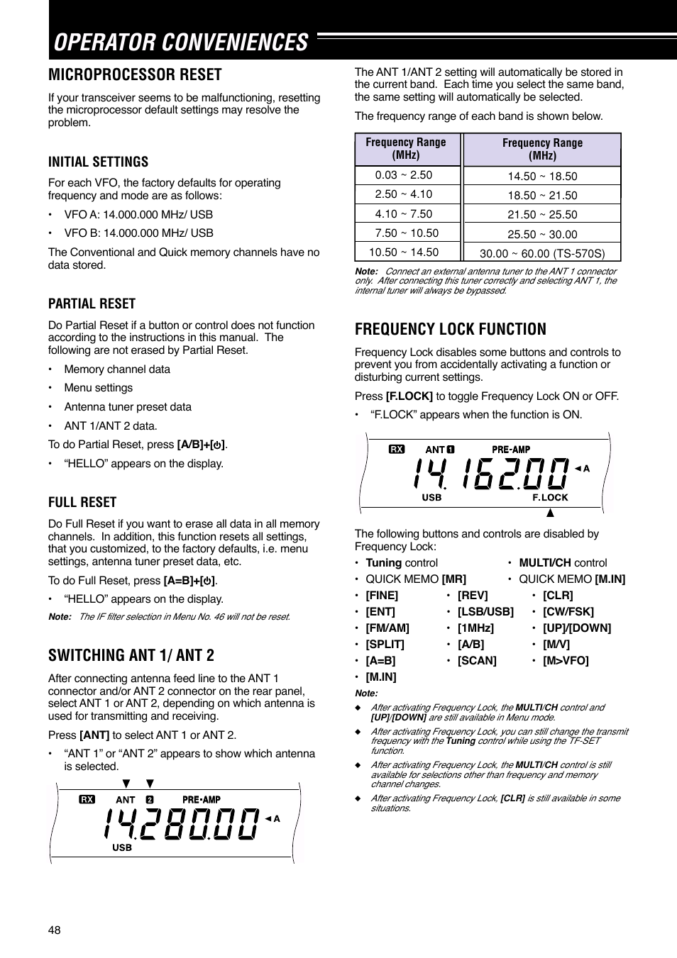 Operator conveniences, Microprocessor reset, Switching ant 1/ ant 2 | Frequency lock function | Kenwood TS-570S TS-570D User Manual | Page 54 / 89