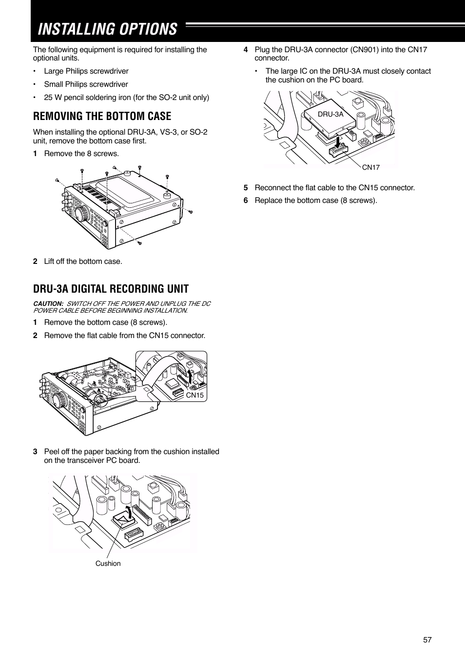 Installing options, Removing the bottom case, Dru-3a digital recording unit | Kenwood TS-570S TS-570D User Manual | Page 63 / 89
