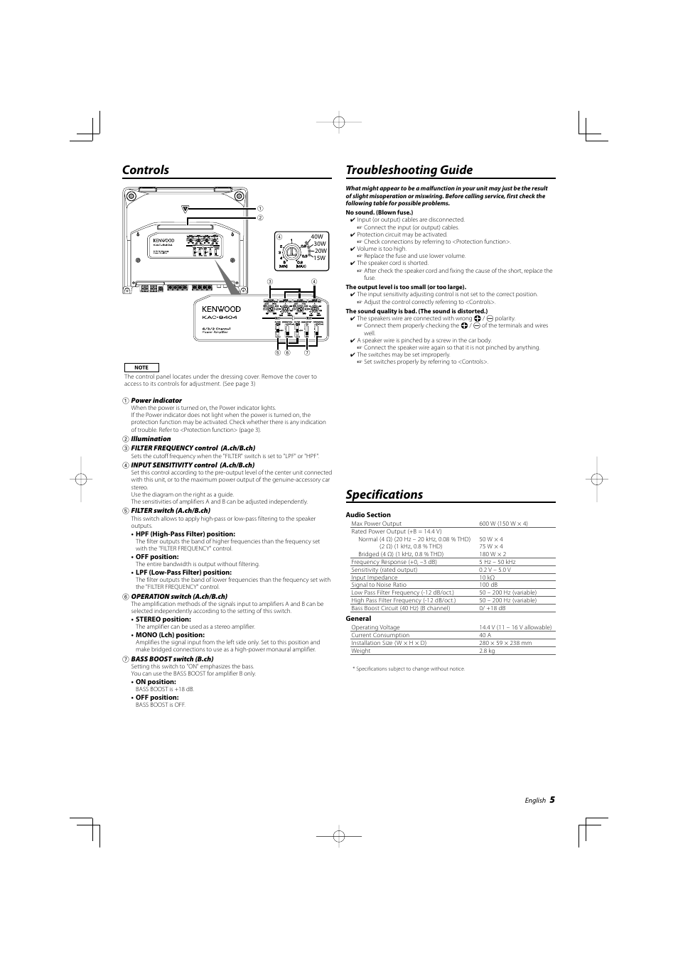 Controls, Specifications, Troubleshooting guide | Kenwood KAC-8404 User Manual | Page 5 / 6