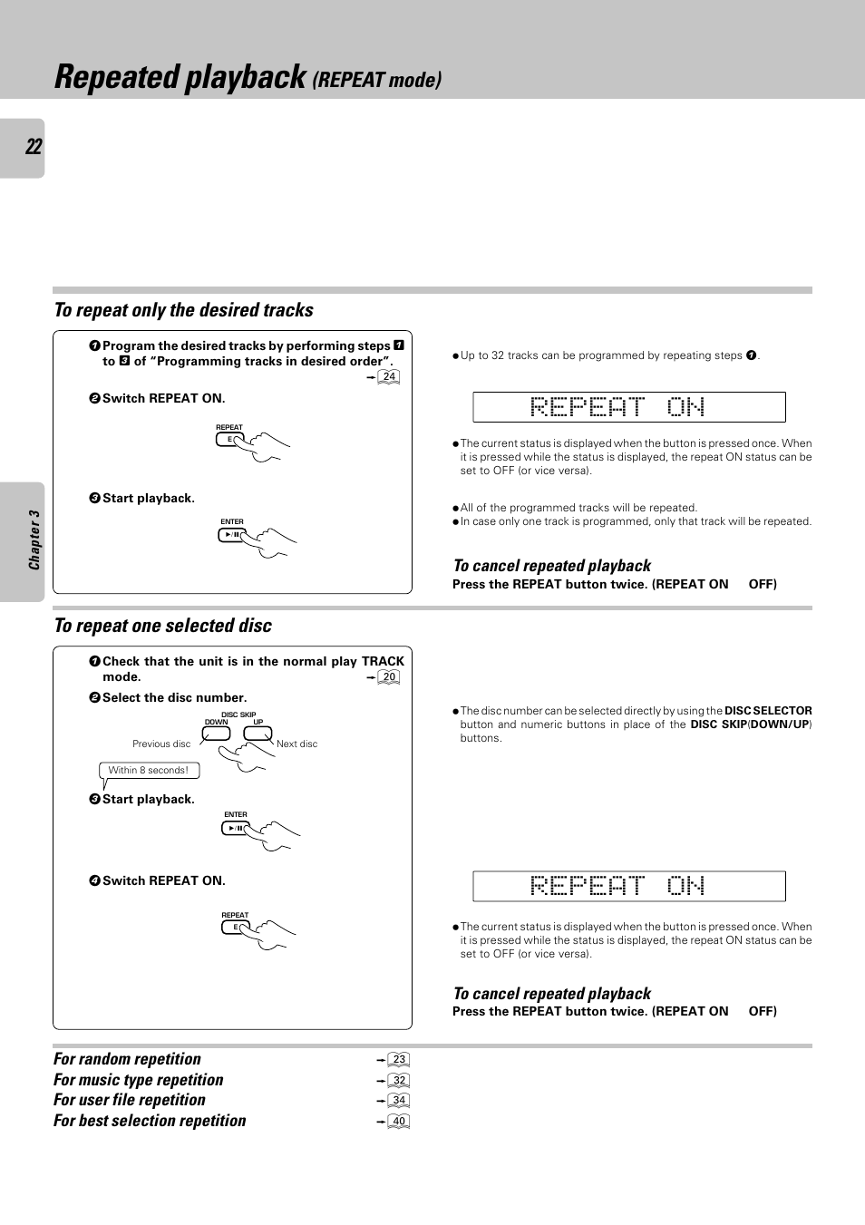 Repeated playback (repeat mode), Repeated playback, Repeat mode) | Kenwood CD-4700M User Manual | Page 22 / 44