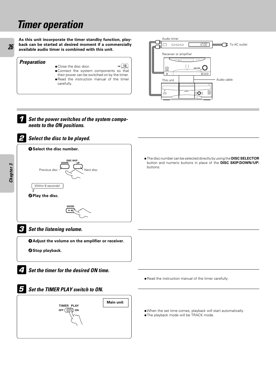 Timer operation, Preparation, Select the disc to be played | Set the listening volume, Set the timer for the desired on time, Set the timer play switch to on | Kenwood CD-4700M User Manual | Page 26 / 44