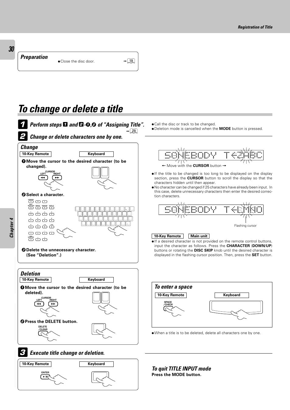 To change or delete a title, Ca z b, Preparation | Perform steps, Of “assigning title, Change or delete characters one by one. change, Deletion, Registration of title | Kenwood CD-4700M User Manual | Page 30 / 44