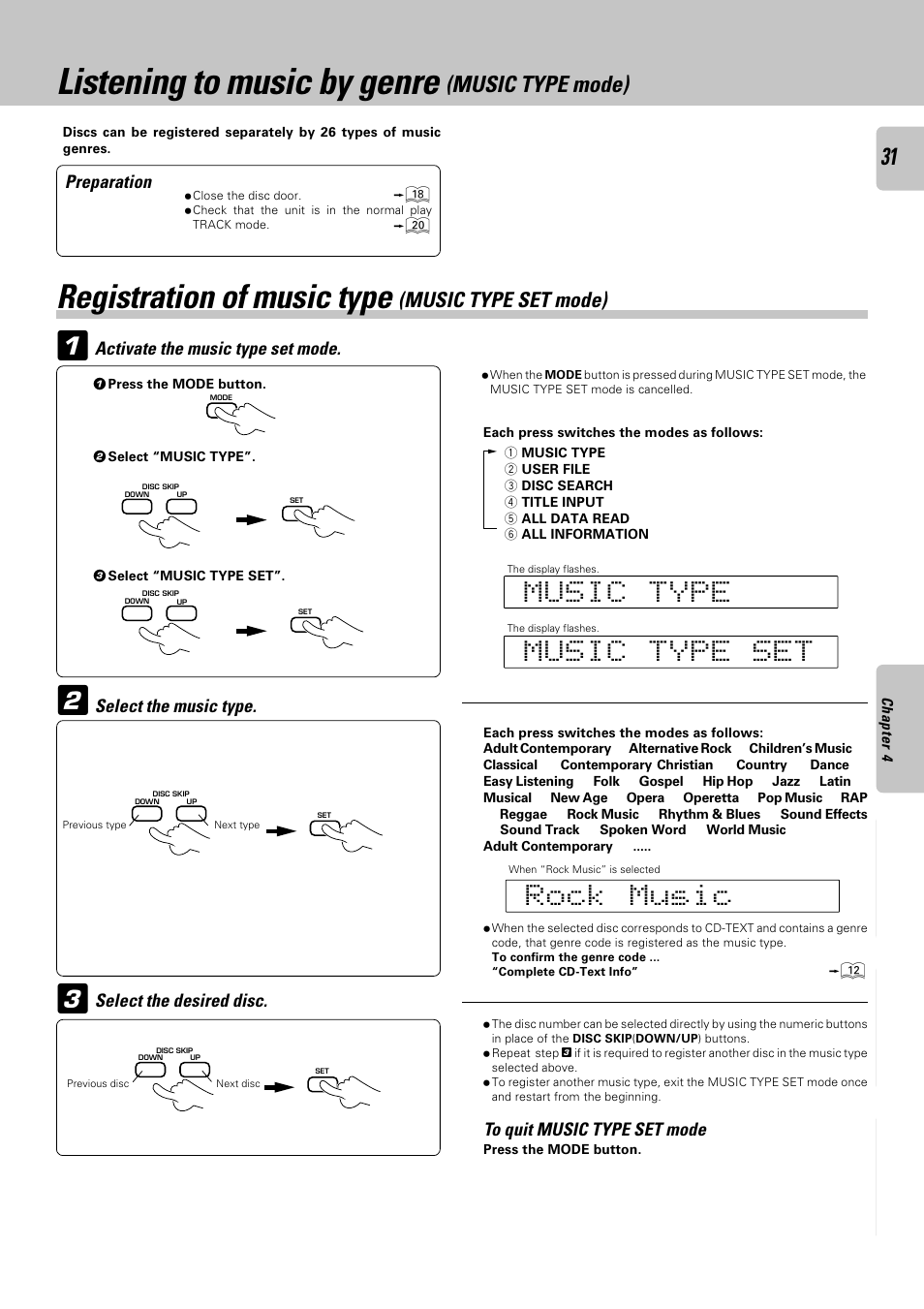 Listening to music by genre (music type mode), Registration of music type (music type set mode), 2listening to music by genre | Registration of music type, Music type mode), Music type set mode) | Kenwood CD-4700M User Manual | Page 31 / 44