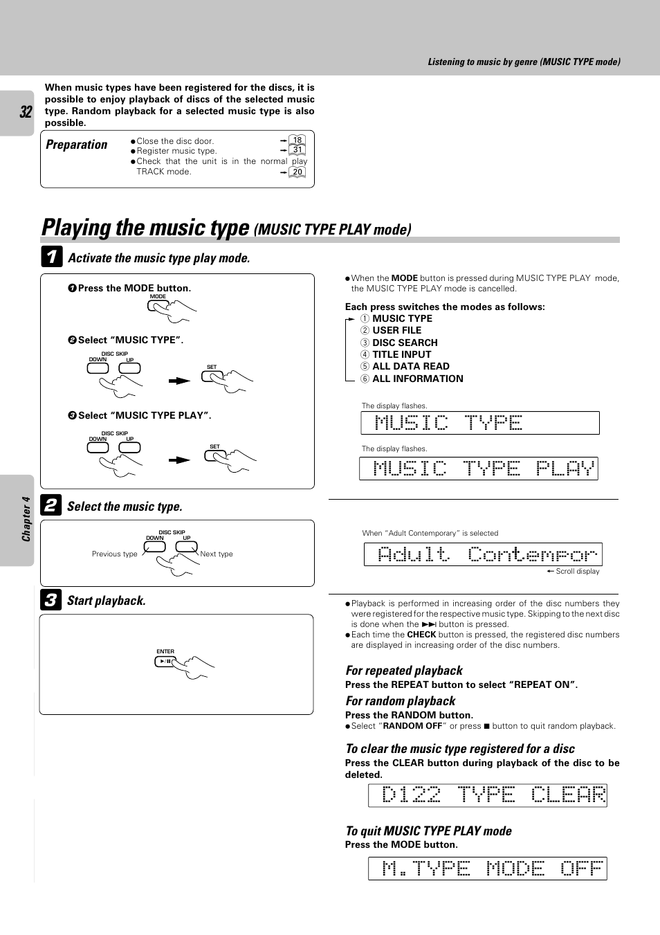 Playing the music type (music type play mode), Playing the music type | Kenwood CD-4700M User Manual | Page 32 / 44