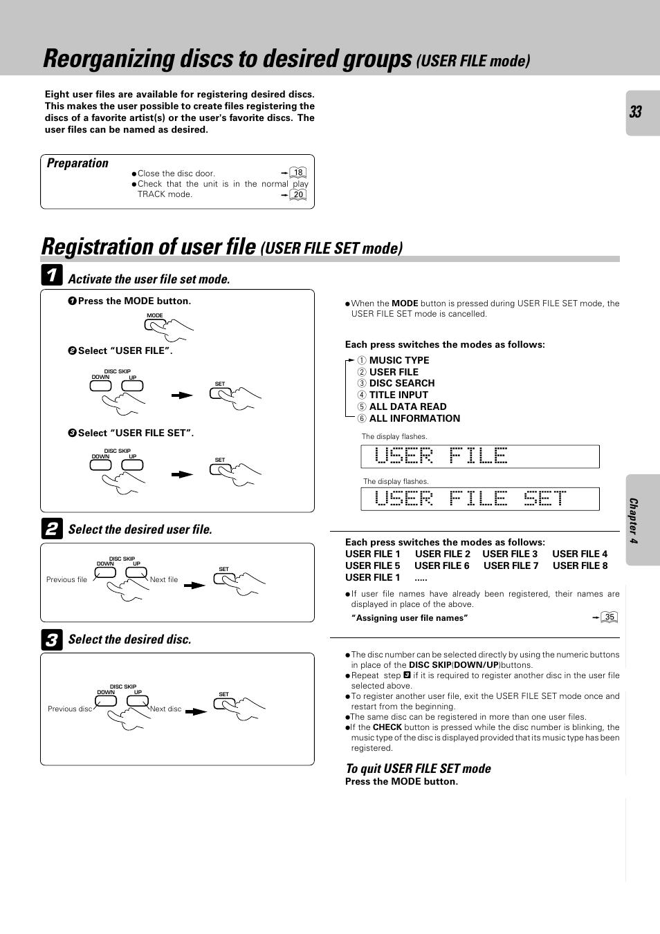 Registration of user file (user file set mode), Reorganizing discs to desired groups, Registration of user file | User file set mode), User file mode) | Kenwood CD-4700M User Manual | Page 33 / 44