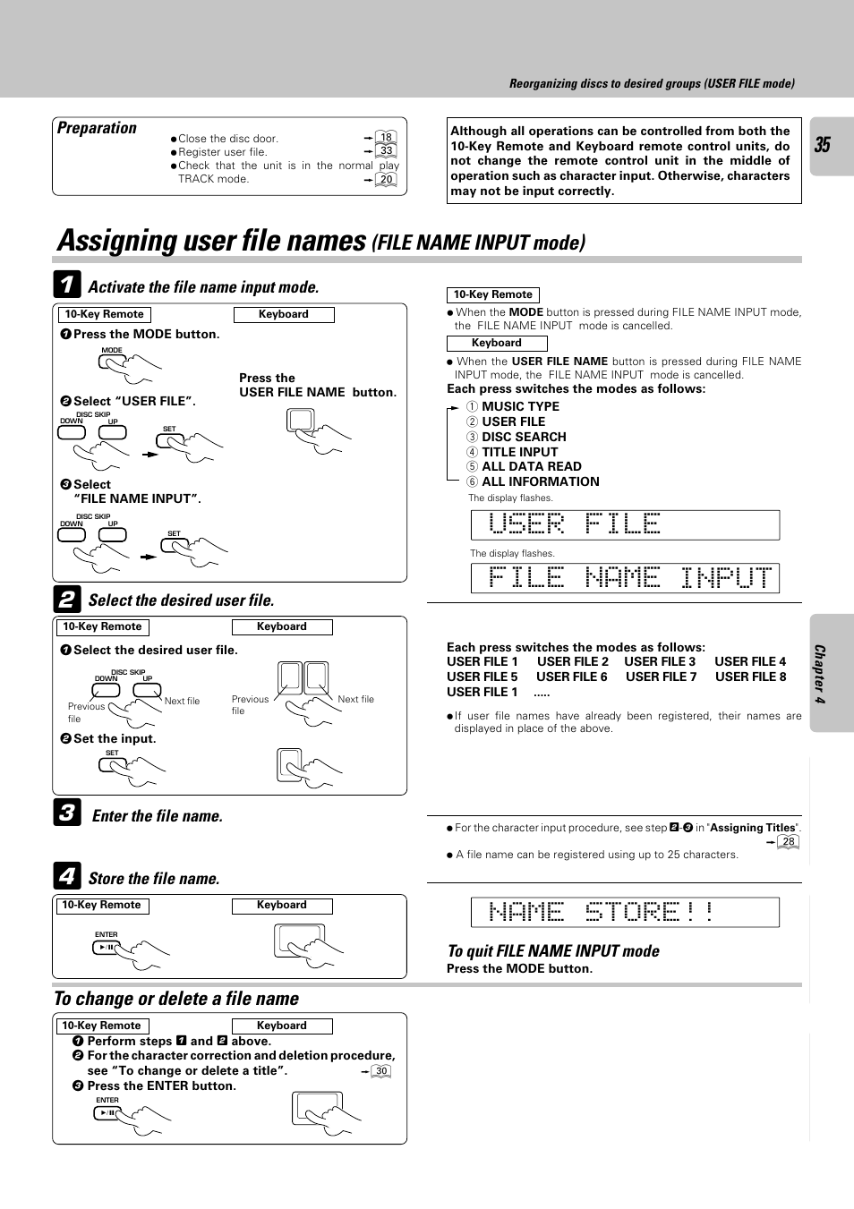 Assigning user file names (file name input mode), Assigning user file names, File name input mode) | Kenwood CD-4700M User Manual | Page 35 / 44