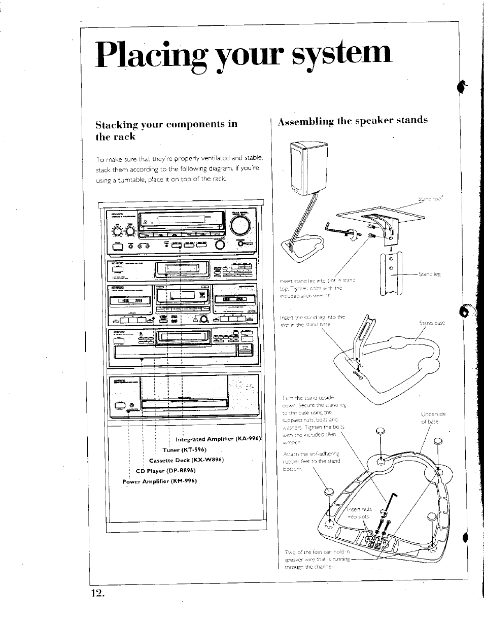 Placing your system, Stacking your components in the rack, Assembling the speaker stands | Kenwood SPECTRUM 1050 AV User Manual | Page 12 / 28